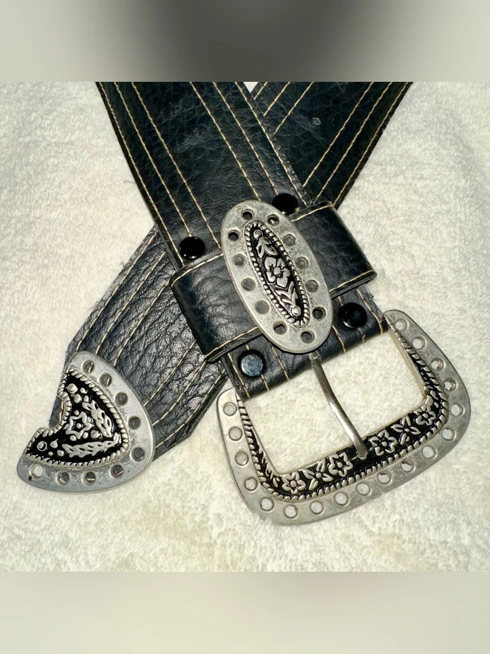 Vintage Western Belt Black Faux Leather Floral Silver Buckle Set Size 40